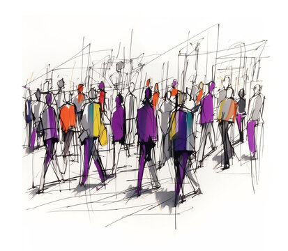 Illustration: a crowd of people walking along a city street. Sketch made with marker and watercolor. Generative ai.