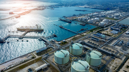 LNG (Liquified Natural Gas) tanker anchored in Gas terminal gas tanks for storage. Oil Crude Gas...