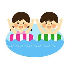 うきわで遊ぶ男の子と女の子