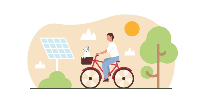 Male character is riding bicycle, solar panel is accumulating charge. Using natural resources without harming environment. Usage of green transport. Color vector image in flat style