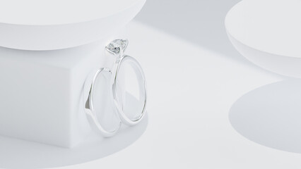 Wedding rings of silver, palladium metal with diamonds, 3D illustration