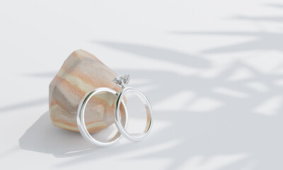 Obraz na płótnie Canvas Wedding rings of silver, palladium metal with diamonds, 3D illustration