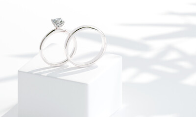Wedding rings of silver, palladium metal with diamonds, 3D illustration