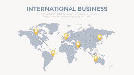 Pins on a world map in vector style. International busines communication concept. Global connections illustration.