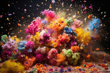 Fototapeta na wymiar Exploding colorful bouquet of flowers on black background.