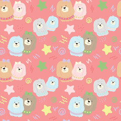 Seamless pattern with cute dogs in pink colors. Abstract pattern with puppies and stars for kids, wallpaper, digital paper. Vector illustration for background with pets.