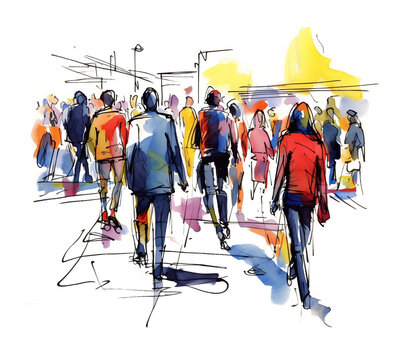 Illustration: a crowd of people walking along a city street. Sketch made with marker and watercolor. Generative ai.