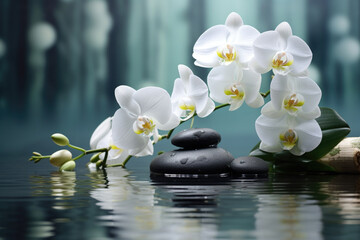 Fototapeta na wymiar White orchid flowers in water, spa concept Generative AI