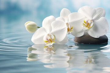 Obraz na płótnie Canvas White orchid flowers in water, spa concept Generative AI