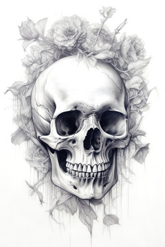 Skull and roses pencil sketch Generative AI