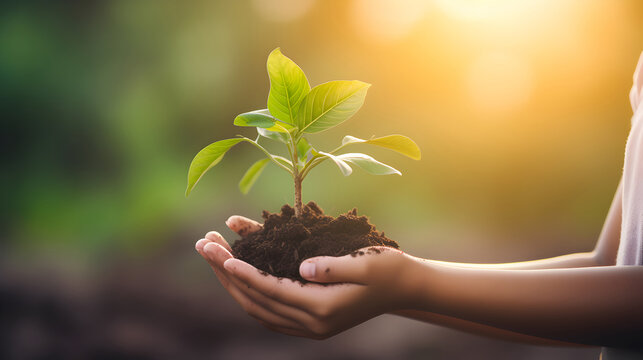 baby hands holding young plant with sunlight on green nature background.