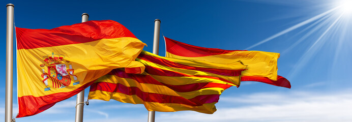 Close-up of Spanish and Catalan flags (la Rojigualda and Senyera) with flagpole, blowing in the...