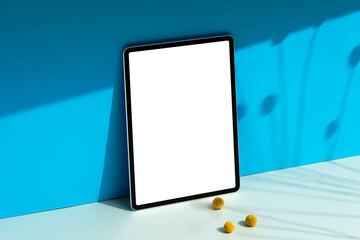 Digital tablet mockup with blank white screen on blue background