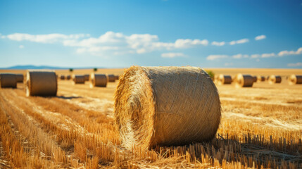 Warm sunny day, bales of hay for livestock lie on the field, autumn harvest, generated by AI. - obrazy, fototapety, plakaty