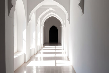 White corridor with arches and doorway at the end, sunlight and shadows. 