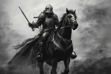 Fototapeta na wymiar Medieval Warrior Riding a Horse Illustration Asset for Historical Themes, Generative AI
