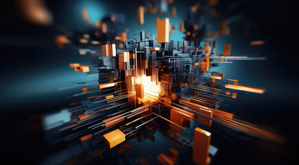 Rapid development, rapid assembly, core functions, highspeed logistics, process, concept image. Abstract 3D background. Hand modified generative AI.