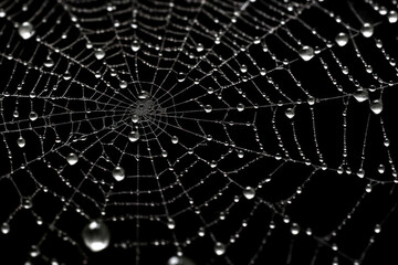 Spiderweb covered in water droplets on black background.