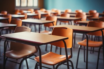 Education Concept: Empty Classroom with Tables and Chairs, Blurred Background. AI