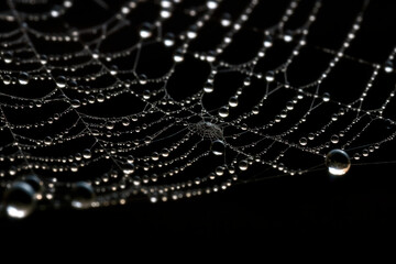 Close image of spiders web with water droplets on black background. - obrazy, fototapety, plakaty