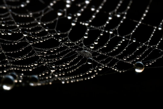 Close image of spiders web with water droplets on black background.