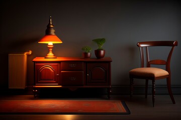 A classic style table lamp shines in a dark room with wooden furniture.