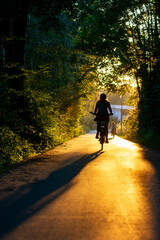 Fototapeta premium Two cyclists, woman and child, on idyllic bicycle path or bikeway in Hemer Sauerland, Germany. Silhouettes of bikers backlit by low evening summer sun. Golden hour atmosphere on former railway track.