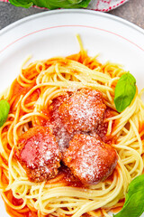 spaghetti pasta meatball tomato sauce fresh dish meal food snack on the table copy space food background rustic top view