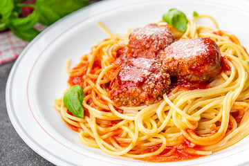 spaghetti pasta meatball tomato sauce fresh dish meal food snack on the table copy space food background rustic top view