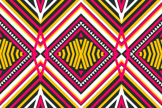 Seamless design pattern, traditional geometric zigzag pattern. pink dark green white yellow vector illustration design, abstract fabric pattern, aztec style for print textiles 