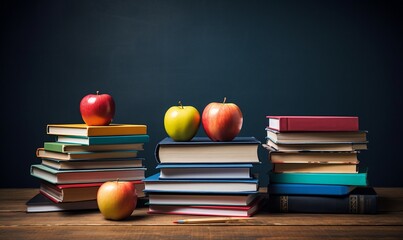 Books and Pencils Stacked on School Table with Blackboard Background. AI