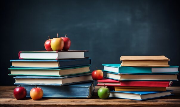 Books and Pencils Stacked on School Table with Blackboard Background. AI