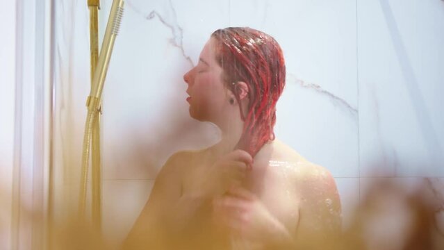 Young Attractive Naked Woman Washing In Modern Shower, Motion View