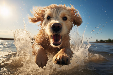 Happy dog playing on the beach early in the morning, panorama, nice view, sea landscape, morning light.  Generative Ai. 