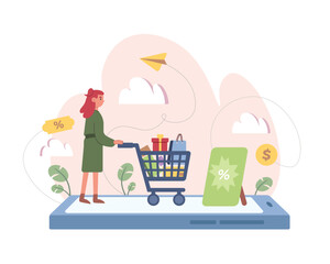 Cartoon girl walks with shopping cart full of cell phone. Electronic commerce benefits. Process of making purchases online. Shopping online on website. Vector illustration
