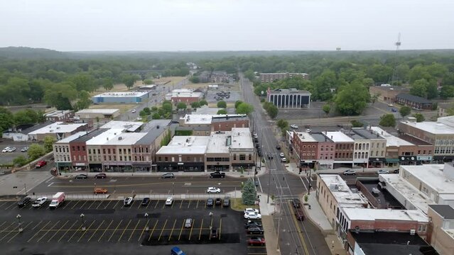 Downtown Niles, Michigan with drone video moving sideways.