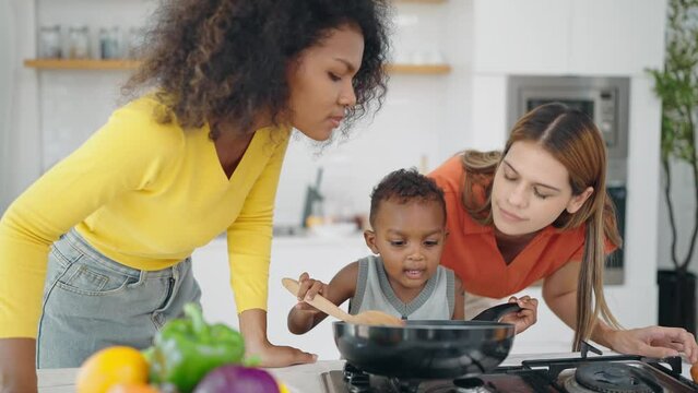 Happy lesbian lgbtq couple and american african little son enjoy cooking in kitchen room. Homosexual family, Lgbtq lifestyle, Lgbtq relationship concept