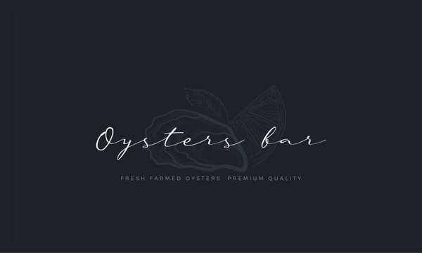 Oyster bar banner with hand drawn closed oyster shell and lemon on the background. Dark blue premium, luxury feel template for menu cover, invitation, banner, flyer or business card