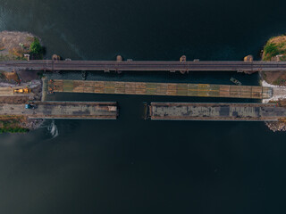 Pontoon bridge of the Ukrainian army. Installation of a temporary crossing near the destroyed...