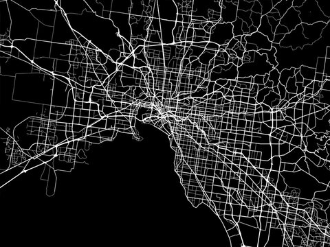 Vector road map of the city of  Melbourne in the Australia with white roads on a black background.