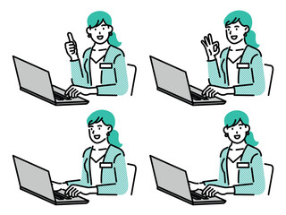 Set of vector illustrations of business women sitting and working on laptops in various poses.