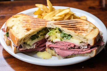 Obraz premium A Cuban Sandwich Filled with Ham, Roast Pork, Swiss Cheese, Mustard, and Pickles. Generative AI
