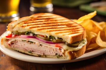 A Cuban Sandwich Filled with Ham, Roast Pork, Swiss Cheese, Mustard, and Pickles. Generative AI