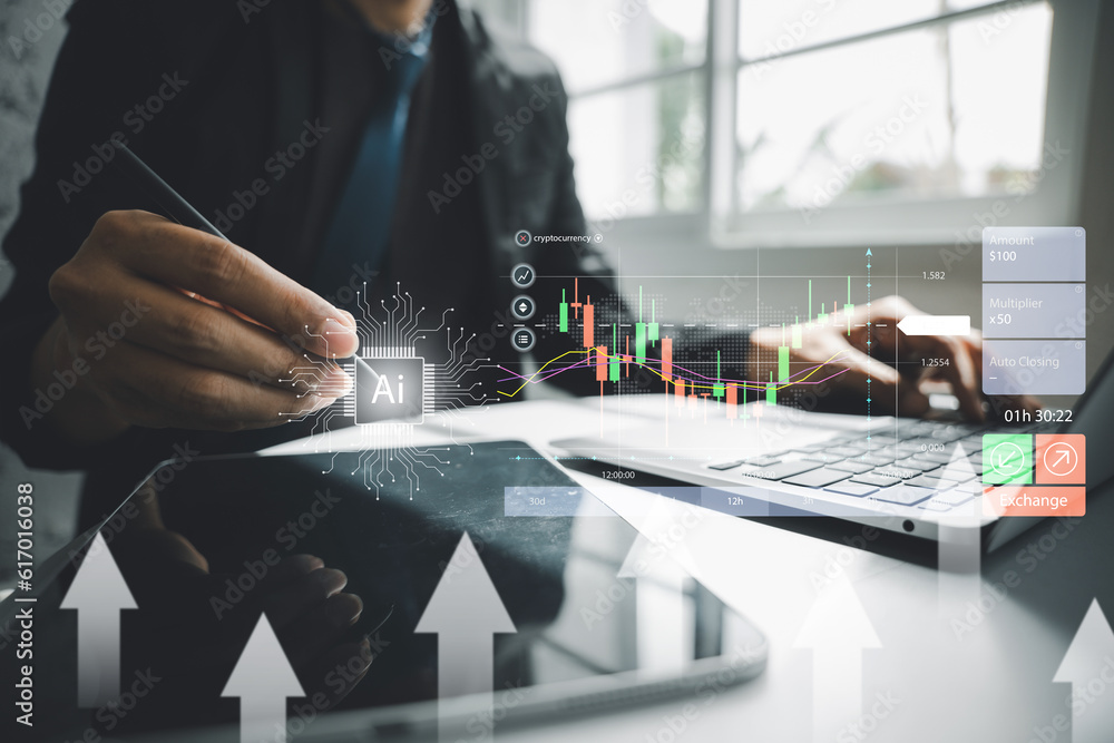 Aufkleber businessman displaying a holographic chart with a growing arrow on a dark background. stock market a