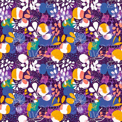 Modern purple summer collage paper cut out shapes pattern with fabric effect design. Seamless fun nature inspired fashion repeat for trendy textile washed print backdrop.