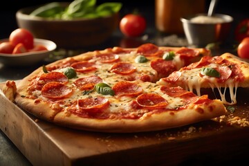 Obraz na płótnie Canvas Sliced Pepperoni Pizza with Mozzarella cheese salami on a wooden table generative ai