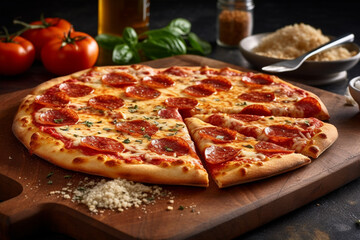 Sliced gourmet pizza slice with mozzarella and salami pepperoni generative ai