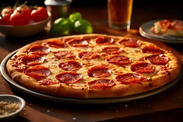 gourmet pizza slice with mozzarella and salami on a wooden table generative ai