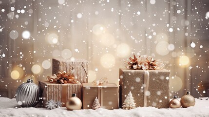 Christmas banner background, vintage gift boxes and balls on full with snow, Generative AI.
