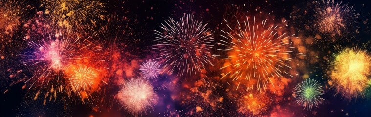 An explosion of colorful fireworks lighting up the night sky, creating a festive and celebratory atmosphere. Web banner backdrop. Generative Ai